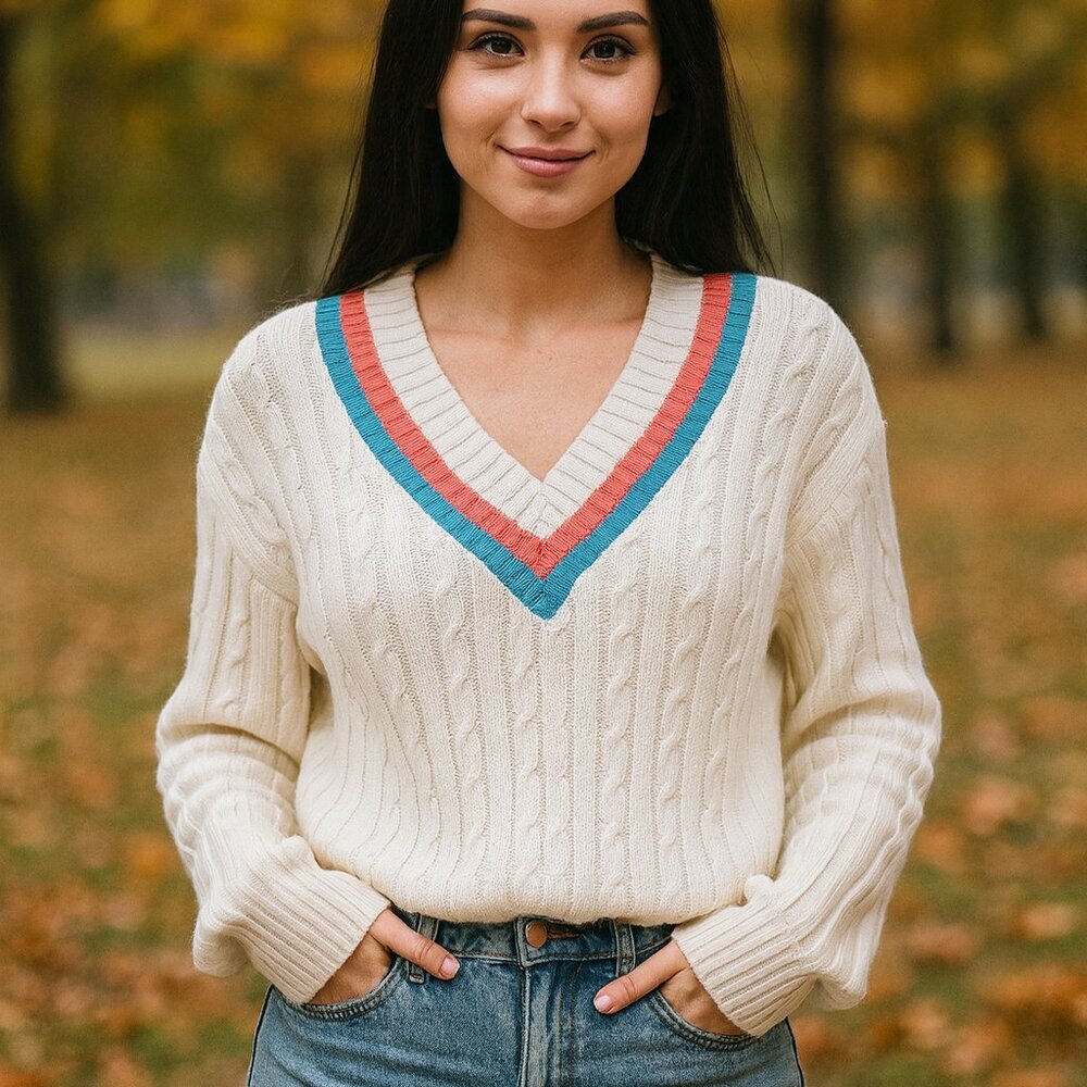 Wimbledon Tennis Style Cable Knit V‎ Neck Sweater Coral Blue Trim Size M